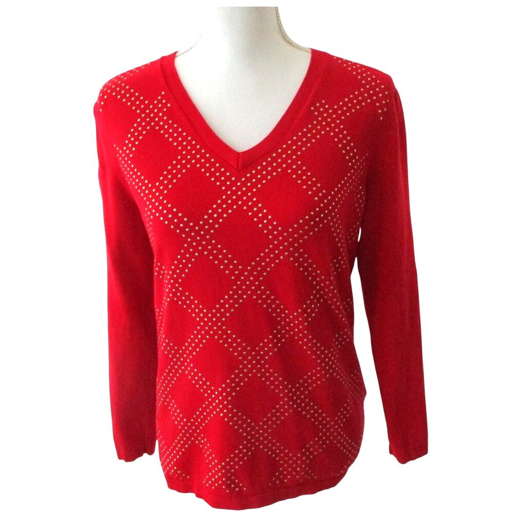 Tommy Hilfiger Women's Red Long Sleeve Beaded Lightweight Sweater Size Medium